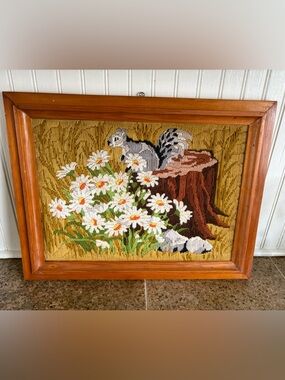 Vintage Needlepoint Floral ,Squirrel, mushroom Wall Art - Mustard, White, Brown